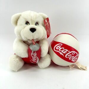 Vintage Coca Cola Polar Bear Plush with Beach Ball Play By Play 1993 White Red